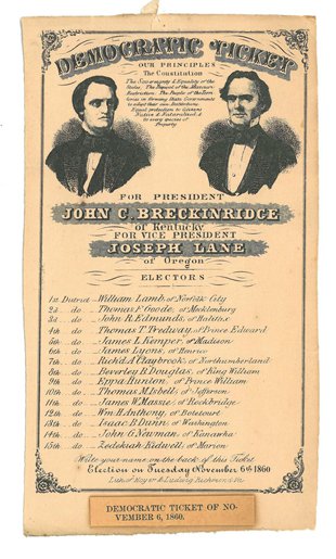 "Broadside" showing national Democratic ticket in 1860 with Virginia electors.
