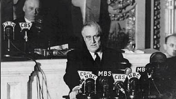A picture of FDR speaking to Congress December 8, 1941. 