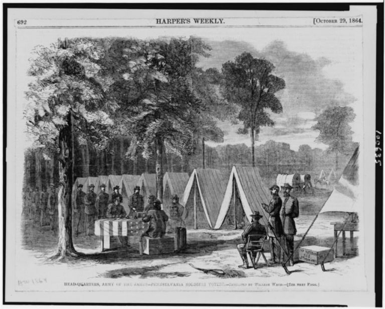 Picture showing Union soldiers from Pennsylvania voting at their camp in Virginia in 1864.
