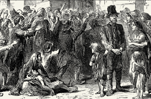 An old picture of Irish people clamoring for food during the famine in 1846-47.