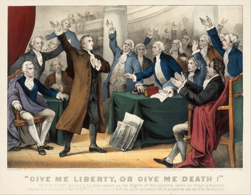 An engraving of Patrick Henry giving his famous speech on "liberty or death."