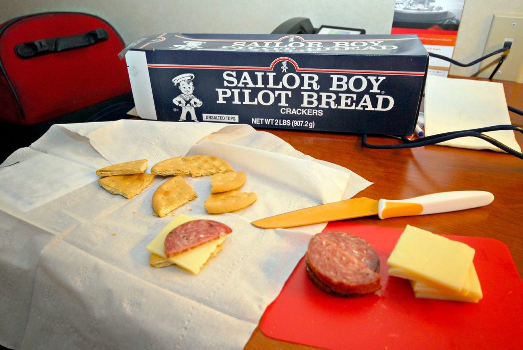 Sailor Boy Pilot Bread with cheese and salami.