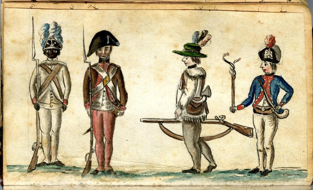 Revoluntary War soldiers, including a black man, in uniform.