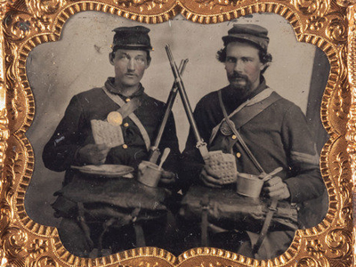 Picture of Civil War soldiers with hardtack.