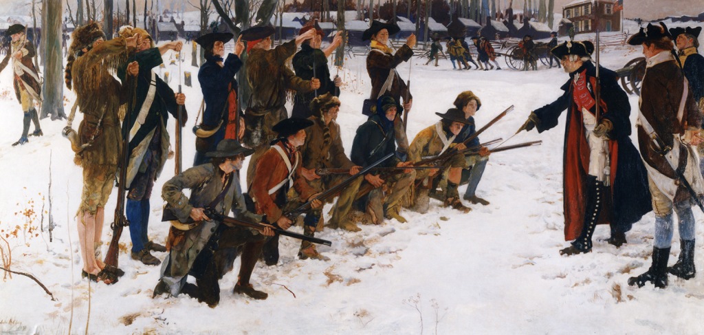 picture showing Baron von Steuben Drilling American Recruits at Valley Forge in 1778.